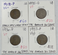 (4) Wheat Pennies Dates 1918-P, 1935-D, 1936-P, 1936-P. (1) 1934-P Buffalo Nickel, (1) 1946-S Roosevelt Dime - 2