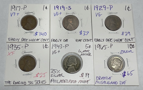 (4) Wheat Pennies Dates 1917-P, 1919-S, 1929-P, 1935-P. (1) 1943-P Nickel, (1) 1965-P Dime (Misaligned Die)