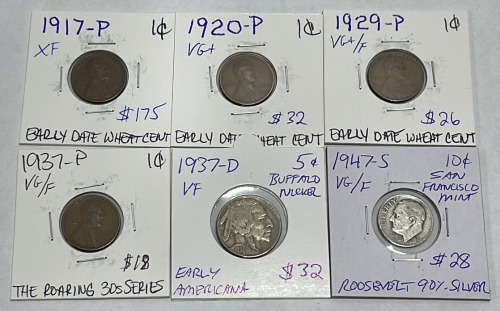 (4) Wheat Pennies Dates 1917-P, 1920-P, 1929-P, 1937-P. (1) 1937-D Buffalo Nickel, (1) 1947-S Roosevelt Dime 90% Silver