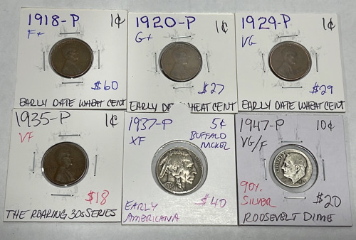 (4) Wheat Pennies Dates 1918-P, 1920-P, 1929-P, 1935-P. (1) 1937-P Buffalo Nickel, (1) 1947-P Roosevelt Dime 90% Silver