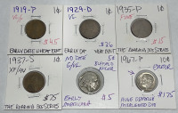 (4) Wheat Pennies Dates 1919-P, 1929-D, 1935-P, 1937-S. (1) Buffalo Nickel, (1) 1967-P Dime (Misaligned Die)