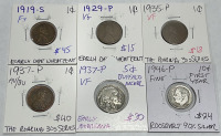 (4) Wheat Pennies Dates 1919-S, 1929-P, 1935-P, 1937-P. (1) 1937-P Buffalo Nickel, (1) 1946-P Roosevelt Dime 90% Silver