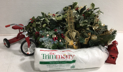 (1) Christmas Garland (1) Seasons Cover 36&rdquo;x8&rsquo; (1) Glitter/Gold Violin (1) 10&rdquo; Tricycle (2) Rolling Plant Stands (3) Table Decor (1) Large Blue Tote & Lid