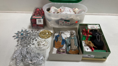 Small Storage Bin w/ Assorted Ornaments, Mary, Joseph and Baby Jesus Figurines, Various Ornaments