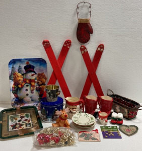 Assorted Christmas and Winter Decor: Trays, Bell Garland, Wood Skis, Basket, Mini Snowflake Ornaments and more