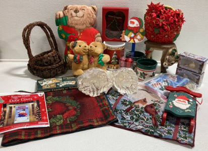 Winter Bird Tablerunner and Placemats, (3) Crocks, Deer Plant Holder, (2) Pinecone Baskets, (2) Crocheted Angel Tree Toppers, Wood Decor Sleigh and more