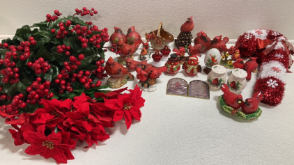 Assorted Cardinal Figurines and Cardinal Themed Knick Knacks, Candy Cane Decor, Artificial Winter Florals