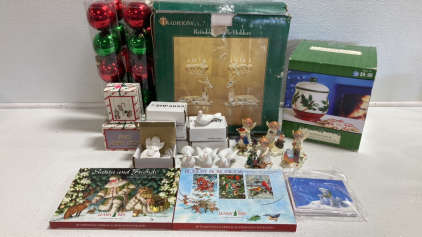 Reindeer Candle Holders, Holly Cookie Jar, (4) Set of 5 Ball Ornaments, Greeting Cards, Angel Figurines, Angel and Dove Ornaments