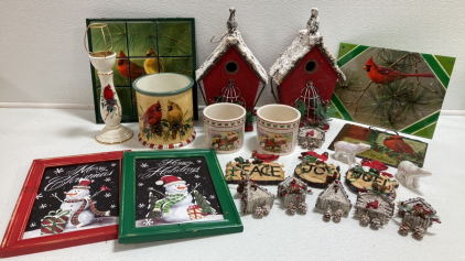 (16) Assorted Cardinal Decor, Polar (2) Bear Ornaments, (2) Decorative Birdhouses, (2) Framed Snowmen Wall Art