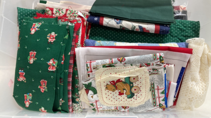 Storage Bin of Assorted Holiday Fabric