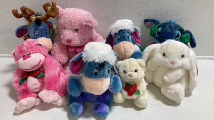 Plush Toys: (3) Christmas Eeyores&rsquo;, (1) Christmas Stitch, (1) Musical Bear, (1) Monkey, (1) Pink Bear, (1) Rabbit