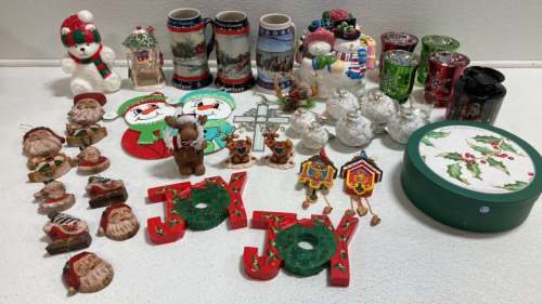 (3) Budweiser Steins, Snowman Cookie Jar, (4) Candle Holders, Set of 6 Holly Plates, Assorted Ornaments and Knick Knacks and more