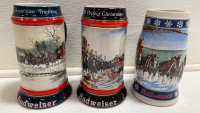 (3) Budweiser Steins, Snowman Cookie Jar, (4) Candle Holders, Set of 6 Holly Plates, Assorted Ornaments and Knick Knacks and more - 10