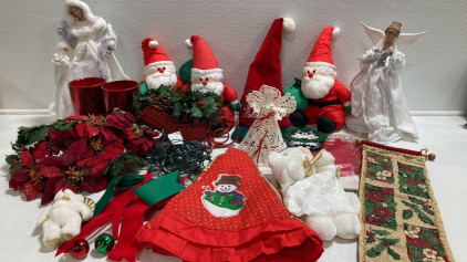 (3) Plush Santas, (3) Angel Tree Toppers, Tree Skirt, (2) Red Vases, Set of Bows, and more