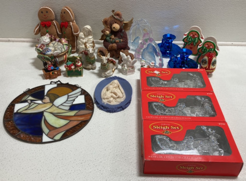 (3) Acrylic Sleigh Sets, Stained Glass Wall Hanging, (2) Stuffed Gingerbread Toys, Assorted Knick Knacks