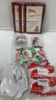 (3) 3 pack Holiday Dinning Room Chair Covers; (3) 2 pack Holiday Gnome Decorations; (2) Set of 4 18”x18” Christmas Pillow Covers; (4) Glue Dots; “Let It Snow” Sign; (8) Stockings Hangers; (3) Christmas Cards; (4) Santa Building Block Sets; Christmas Tutu; - 10