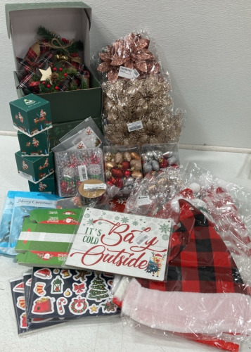 (3) 6 pc Plaid Christmas Decorations; (4) Santa Building Block Sets; (6) Snowman Ornaments; Glittery Gold and Rose Gold Poinsettias; Assorted Santa Hats; Gift Boxes; Card Kits; Stockings Hangers; Velvet Ribbon and More!