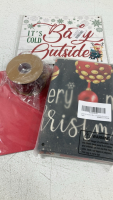 (3) 6 pc Plaid Christmas Decorations; (4) Santa Building Block Sets; (6) Snowman Ornaments; Glittery Gold and Rose Gold Poinsettias; Assorted Santa Hats; Gift Boxes; Card Kits; Stockings Hangers; Velvet Ribbon and More! - 12