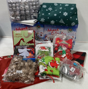 (4) Advent Calendars; Gnome Stockings with Holders; Gnome Throw Pillow Covers; Gnome Tree Topper; Grinch Tree Skirts; Grinch Ornament Kits; 17&rsquo;x5&rsquo; Vinyl Photo Backdrop; Angel Christmas Tree Topper Light; Glittery Poinsettias; Christmas Tree Bag with Draws