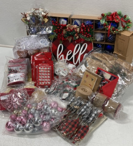 Ornaments of Various Sizes and Color; Aroma Diffusers; (3) 10 yards of Red Truck Ribbon; Stocking Holders; Santa Hats; Christmas Cards; Black Beanies; Large Glittery Gold Bows; Reindeer Hairband and Clips; Transparent Icicles and Snowflakes and more!