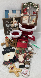 Holiday Baskets; Santa Figurine; Birdhouse Ornaments; Wooden Wall Decorations; Mr & Mrs Reindeer Toys; Glass Hand Blown and Painted Ornaments
