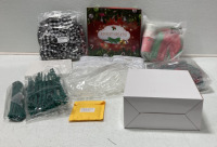 (1) Advent Wreath, (2) White Decorative White Christmas Tree Skirts, (1) Disposable Christmas Dinnerware Set, (1) Black And White Whaline Christmas Tree Topper Hat And More