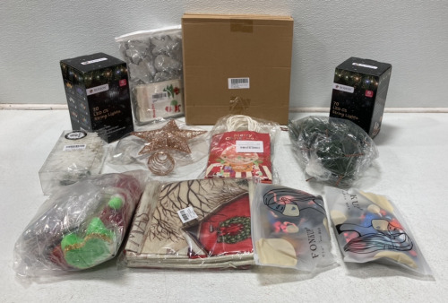 (2) Box Of Bohon 70 LED C5 String Lights, (1) Bag Of 12 Christmas Bags And Party Favors, (1) Star Tree Topper And More