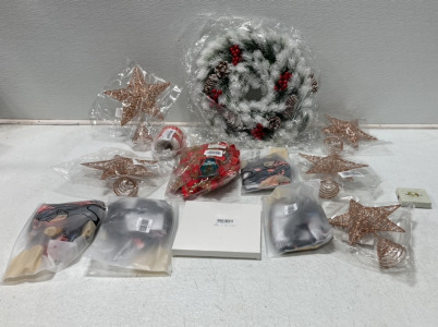 (5) Christmas Tree Star Toppers, (1) Snowy Wreath, (4) Packages Of Fonkup Cloth Face Masks, (1) Christmas Door Decoration And More