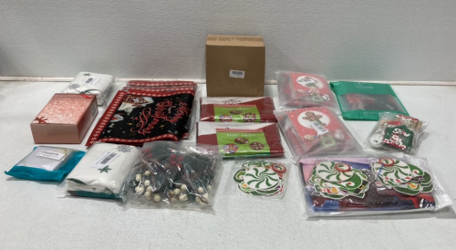 (2) Packages Of Christmas Tree Skirts, (3) Merry Christmas Table Runners, (1) Package Of Gingerbread Christmas Decorations, (1) Package Of Christmas Throw Pillow Cases And More