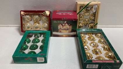 (4) Boxes of Ball Ornaments, (1) Lighted Village House