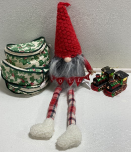 (3) Small Dish Storage Bags, (1) Jolly Gnome, (2) Glass Train Ornaments