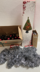 32&rdquo; Fiber Optic Tree, Outdoor Hologram Spotlight, (2) Sets of Silver Tinsel Garland, Assorted Ball Ornaments