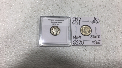 1937 Winged Liberty head Mercury Dime 1942 Winged Liberty Head Mercury Dime Mint State