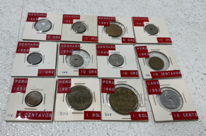 (7) Vintage Denmark Coins, (4) Vintage Peru Coins, (1) Vintage Laos Coin