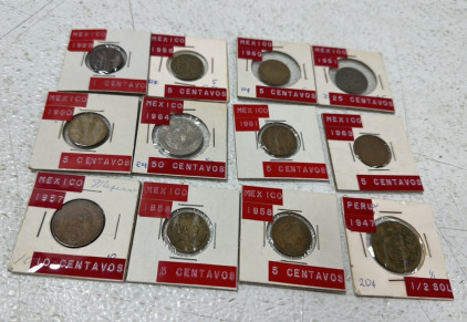 (11) Vintage Mexico Coins, (1) Vintage Peru Coin