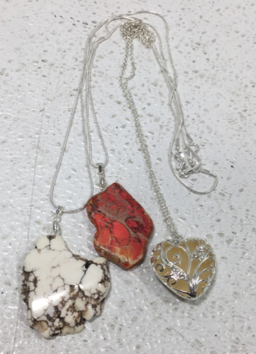 (2) Silver Necklaces With Smooth Stones And Silver Necklace With A Heart