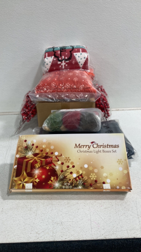 (2) Christmad Themed Blankets (2) Pairs of Ski Pants (1) Christmas Light Box Set and more