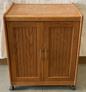 WOODEN TWO SHELVED STORAGE COMPARTMENT ON WHEELS (27.5X33&rdquo;)