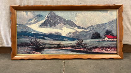 FRAMED MOUTAIN CABIN PANITING BY ROBERT WOOD ( 51&rdquo;x 25&rdquo;)