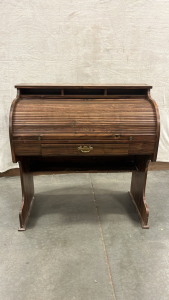 VINTAGE DARK BROWN WOODEN ROLL TOP DESK ( 41 1/2”x 41”)