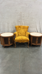 (2) ROUND STONE TOP SIDE TABLES (22”x 26”)AND YELLOW HIGH BACK CHAIR (36”x 26”)