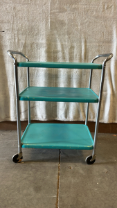 METAL 3 SHELF TEAL ROLLING CART (32”x 27”)