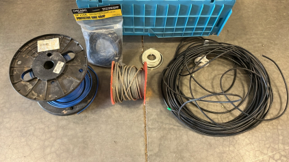 SPOOLS OF WIRE/ CABLE, PROTECTIVE WRAP, AND BLUE BIN