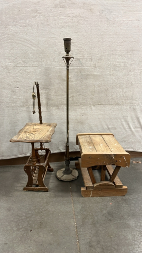 LAMP SIDE TABLE ( UNTESTED), STANDING LAMP, ( UNTESED) AND WOOD SIDE TABLE/ BENCH.