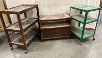 (2) 3 SHELVED ROLLING CARTS AND ROLLING SIDE TABLE