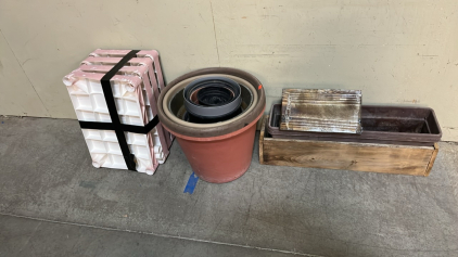 PLANTER BOXES, MIXED SIZED POTS, AND PLASTIC SHELF ASSEMBLY