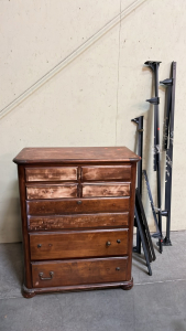 ADJUSTABLE METAL BED FRAME SET AND DARK WOOD DRESSER