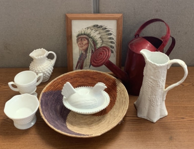 (1) HOME ESSENTIALS & BEYOND BASIC PORECLAIN, (4) CERAMIC DISPLAY DISHES, (1) RED METAL DISPLAY WATERING CAN, AND (1) LEISURE ARTS HOLLOW HORN BEAR CHIEF CROSS STITCH ART , AND MORE