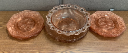 (1) OLD COLONY LACE EDGE OPEN LACE RIBBED PINK BOWL, (6) BLAISE PINK BY IMPERIAL GLASS-OHIO, (3) BLAISE PINK FULL SIZED GLASS PLATES