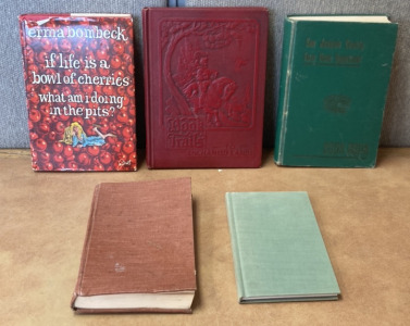 (5) BOOKS INCLUDING BOOK TRAILS TO ENCHANTED LANDS, SAN JOAQUIN COUNTY COOK BOOK, CHIPPEWA MUSIC BOOK, ERMA BOMBECK NOVEL AND THE CIRCLE OF THE SPIRIT